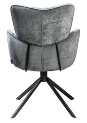 Rückansicht eines grauen Armlehnstuhls mit schwarzem Metallgestell und vier Beinen.