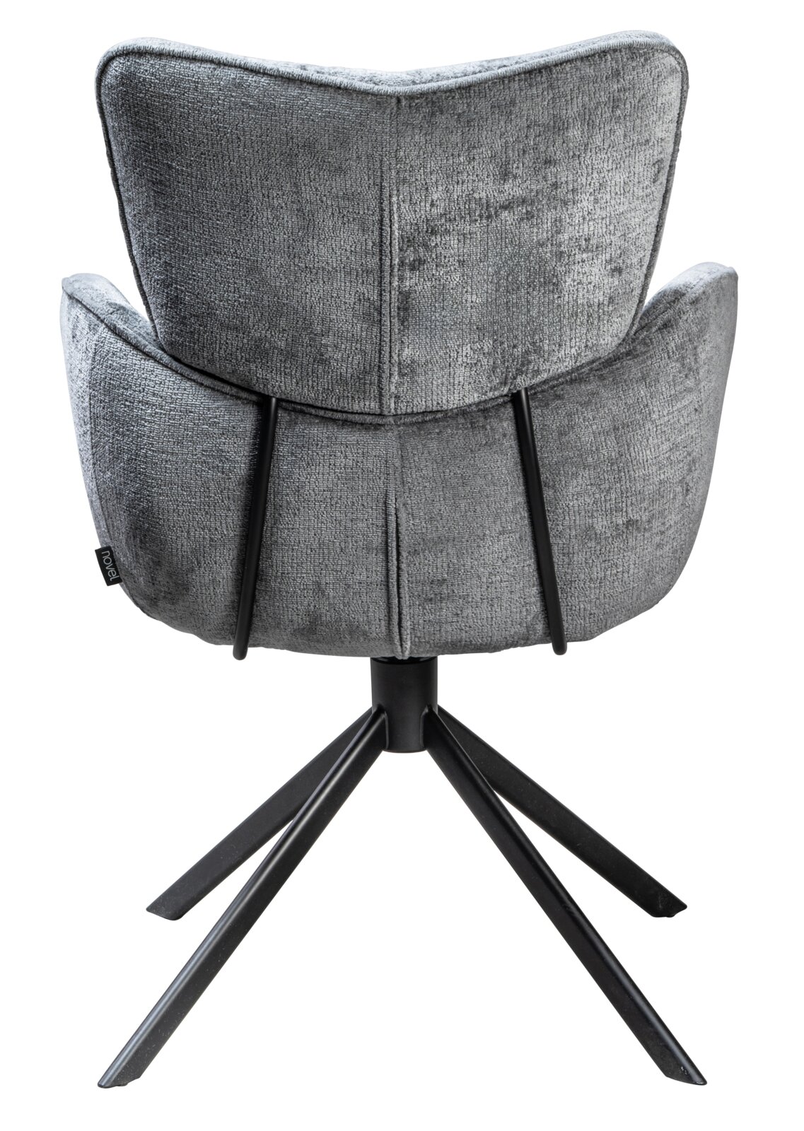 Achterkant van een grijze fauteuil met een zwart metalen frame en vier poten.