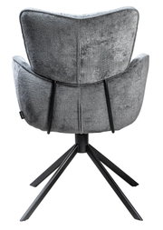 Rückansicht eines grauen Armlehnstuhls mit schwarzem Metallgestell und vier Beinen.