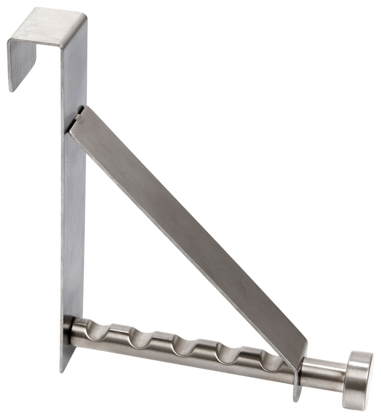 Edelstahl Türhänger in seitlicher Perspektive, zeigt die robuste Konstruktion und das funktionale Design.