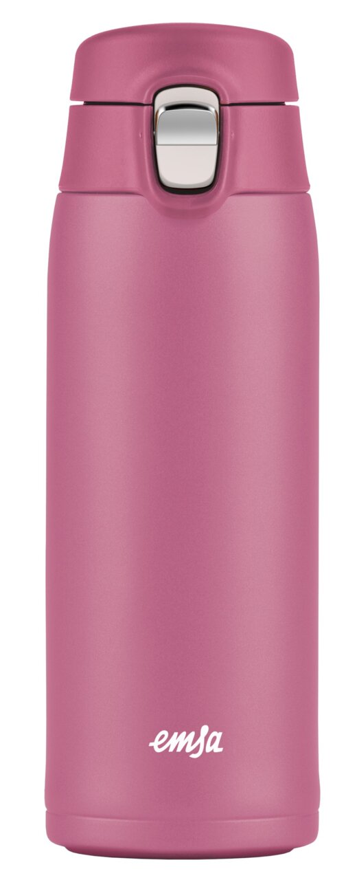 Rosa Thermobecher mit silbernem Verschluss, Vorderansicht