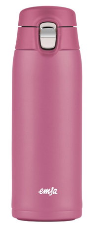 Roze thermosbeker met zilveren deksel, vooraanzicht