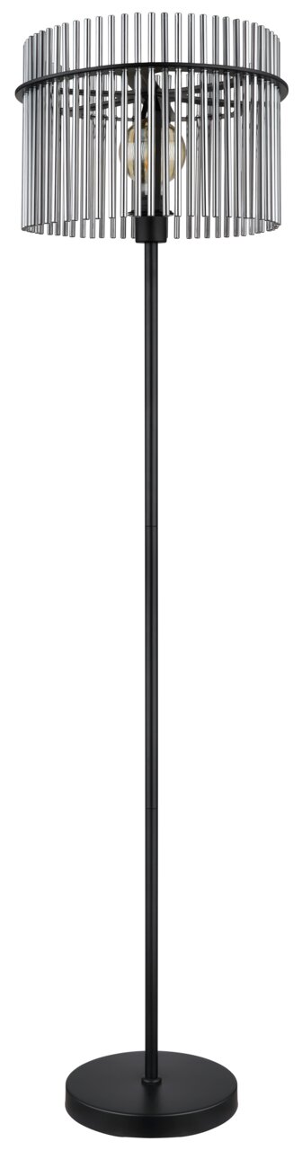 Moderne Stehleuchte GORLEY mit zylindrischem Lampenschirm aus Metallstäben, frontal abgebildet.