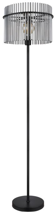 Moderne Stehleuchte GORLEY mit zylindrischem Lampenschirm aus Metallstäben, frontal abgebildet.