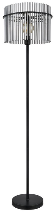 Moderne staande lamp GORLEY met een cilindrische lampenkap van metalen staven, afgebeeld van voren.