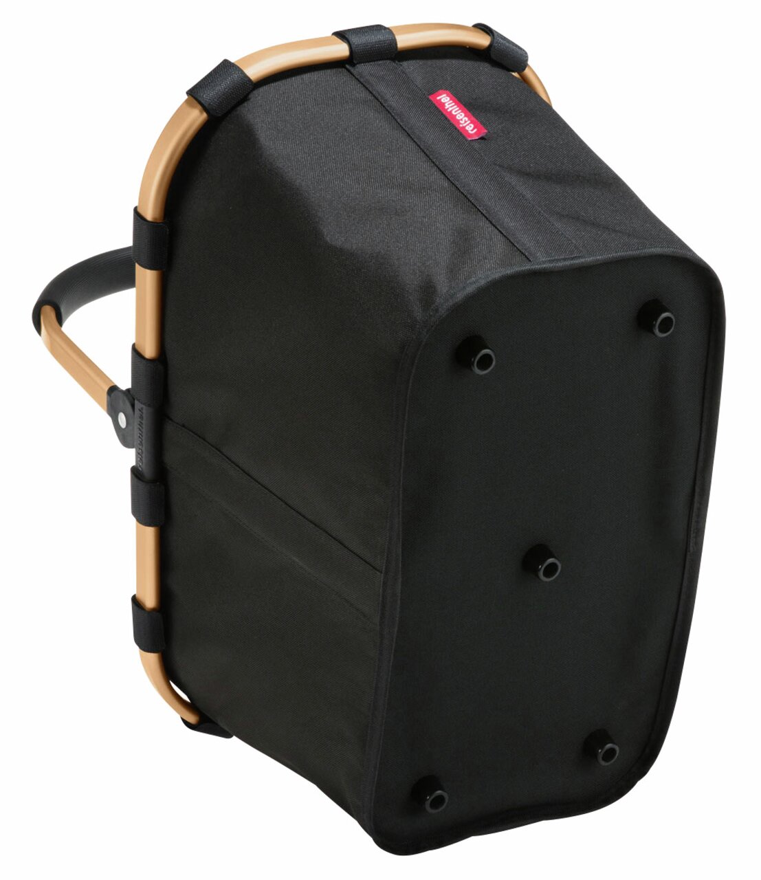 Schwarzer Einkaufskorb mit goldfarbenem Rahmen, von unten seitlich betrachtet.