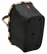 Schwarzer Einkaufskorb mit goldfarbenem Rahmen, von unten seitlich betrachtet.