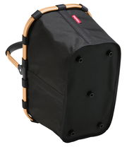 Schwarzer Einkaufskorb mit goldfarbenem Rahmen, von unten seitlich betrachtet.