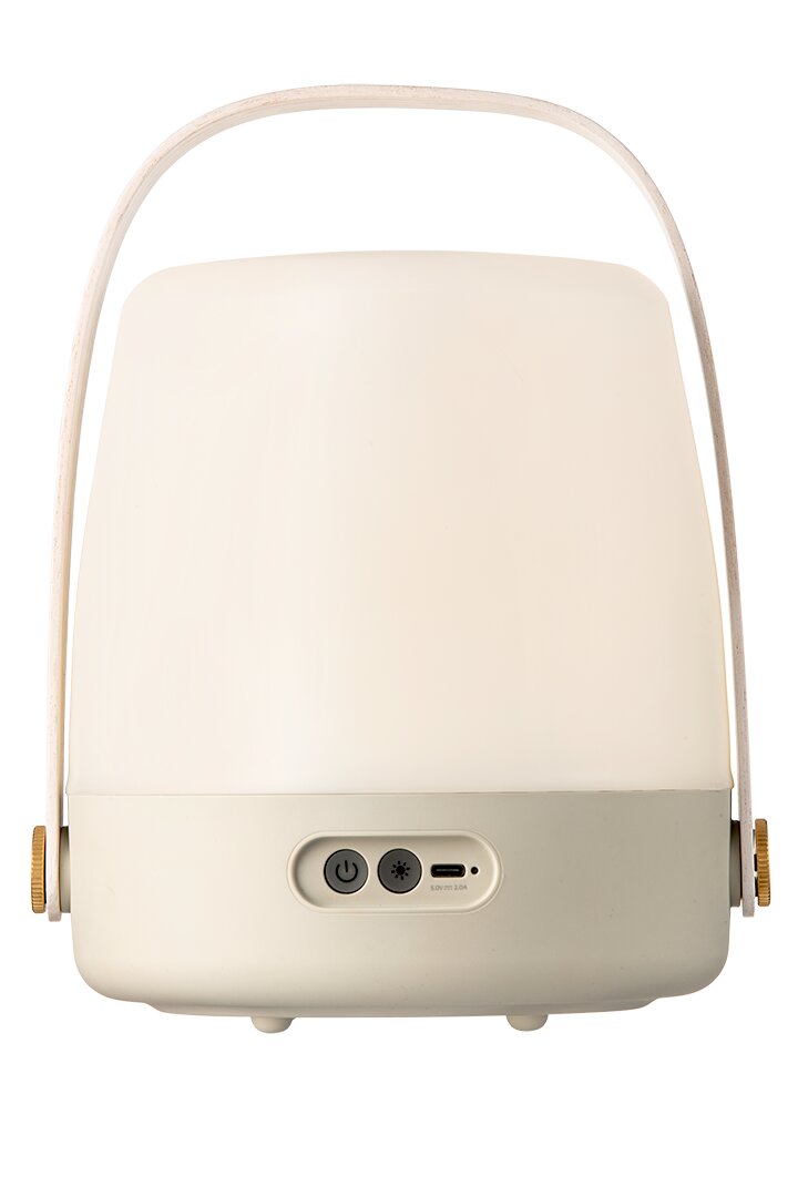 Tragbare Lampe mit Griff, Vorderansicht mit Bedienelementen und USB-Anschluss