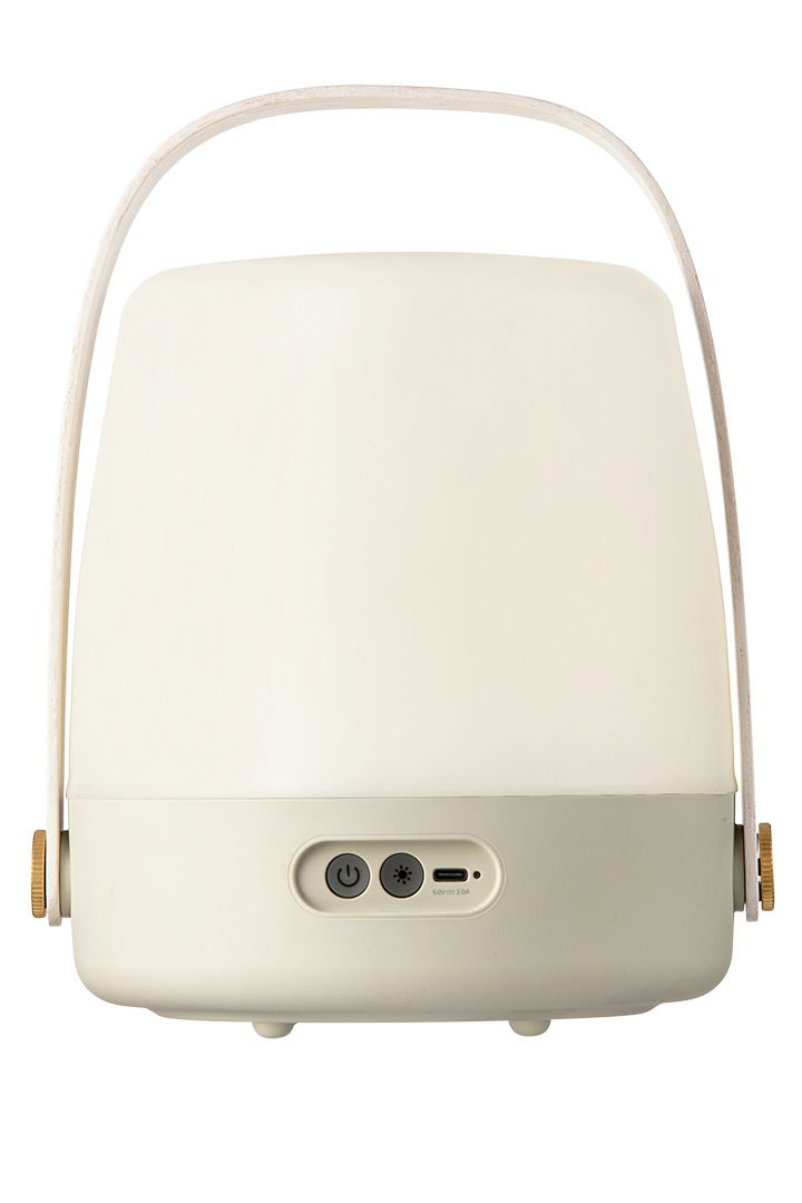 Tragbare Lampe mit Griff, Vorderansicht mit Bedienelementen und USB-Anschluss