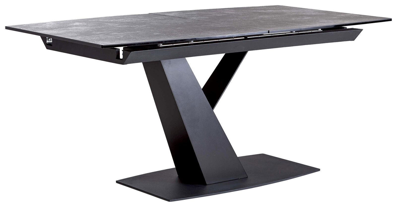 Moderner Esstisch mit schwarzer Tischplatte und V-förmigem Metallgestell, seitliche Perspektive