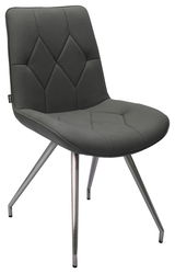 Moderner grauer Stuhl mit gepolsterter Sitzfläche und Rückenlehne, sowie Metallbeinen, seitliche Perspektive