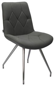Moderner grauer Stuhl mit gepolsterter Sitzfläche und Rückenlehne, sowie Metallbeinen, seitliche Perspektive