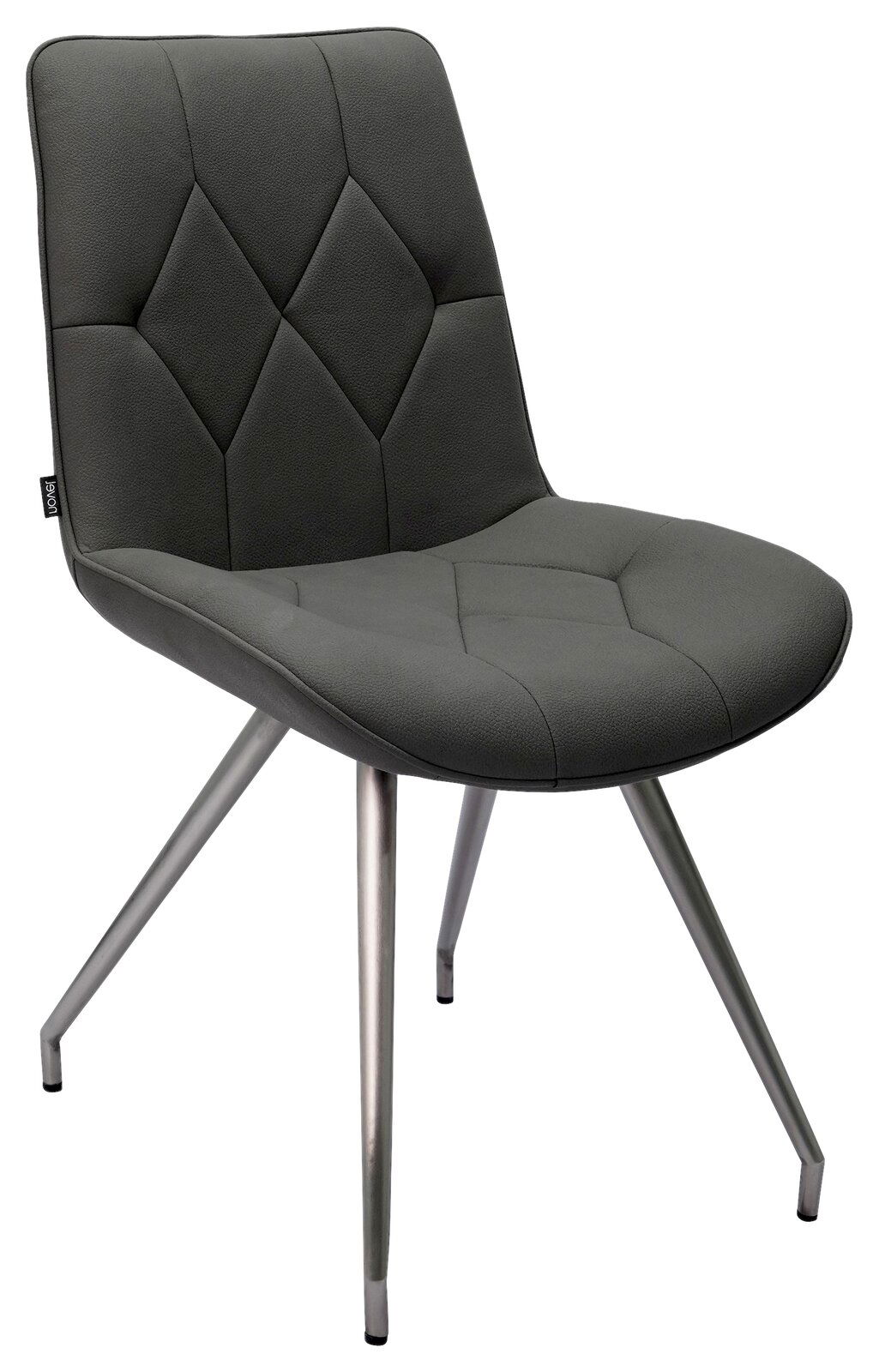 Novel Stuhl HENRY Moderner grauer Stuhl mit gepolsterter Sitzfläche und Rückenlehne, sowie Metallbeinen, seitliche Perspektive
