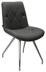 Moderner grauer Stuhl mit gepolsterter Sitzfläche und Rückenlehne, sowie Metallbeinen, seitliche Perspektive