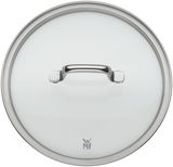 Topfdeckel aus Glas und Edelstahl von oben mit Griff und WMF-Logo