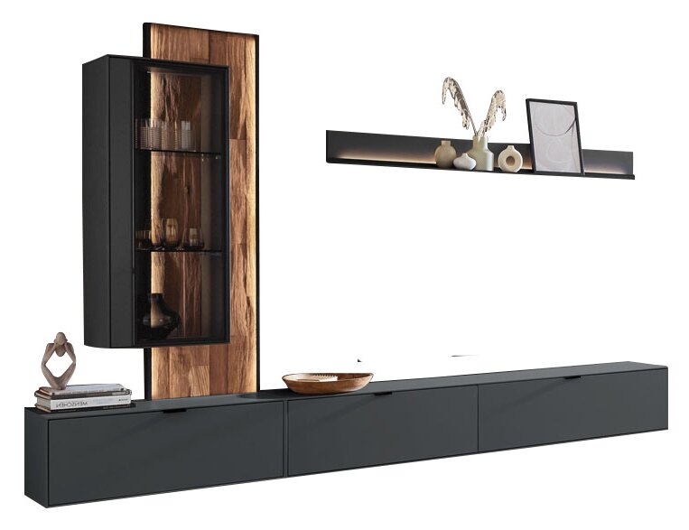 Moderne wandcombinatie met donkere kasten, houten achterwand en decoratieve plank, zijaanzicht