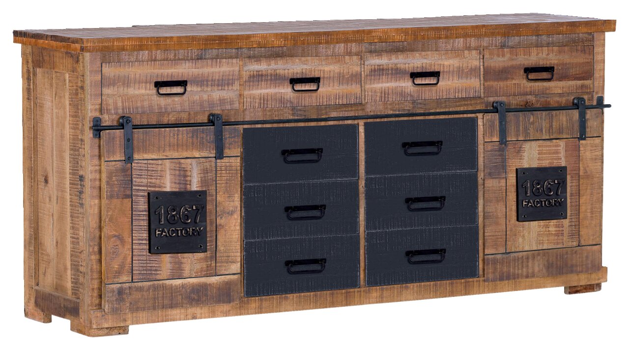 Rustiek houten dressoir met lades en schuifdeuren, vooraanzicht