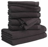 Stapel von dunkelgrauen Handtüchern, seitliche Perspektive