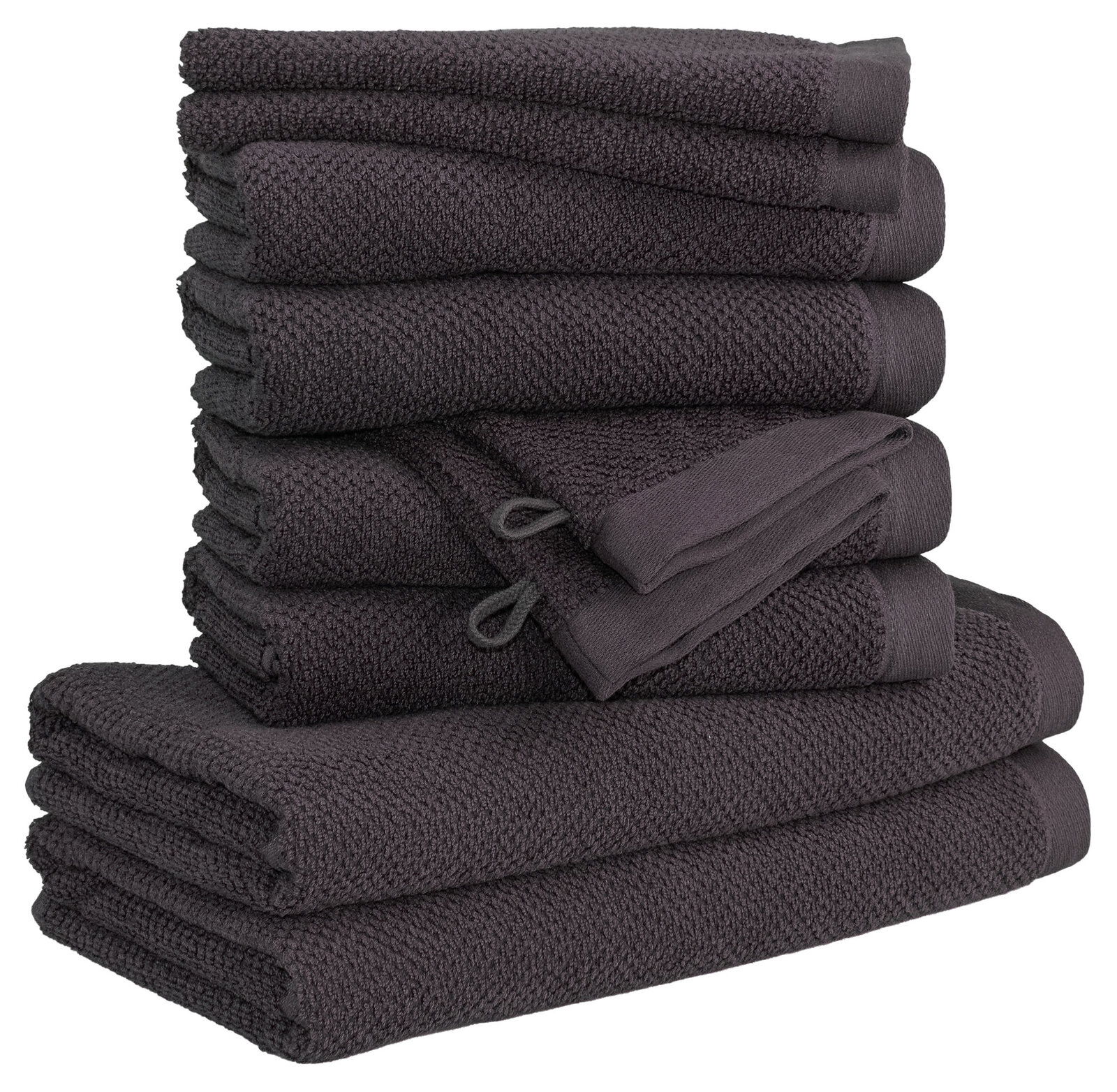 MÖVE Handtuchset 10-tlg. BLISS Stapel von dunkelgrauen Handtüchern, seitliche Perspektive