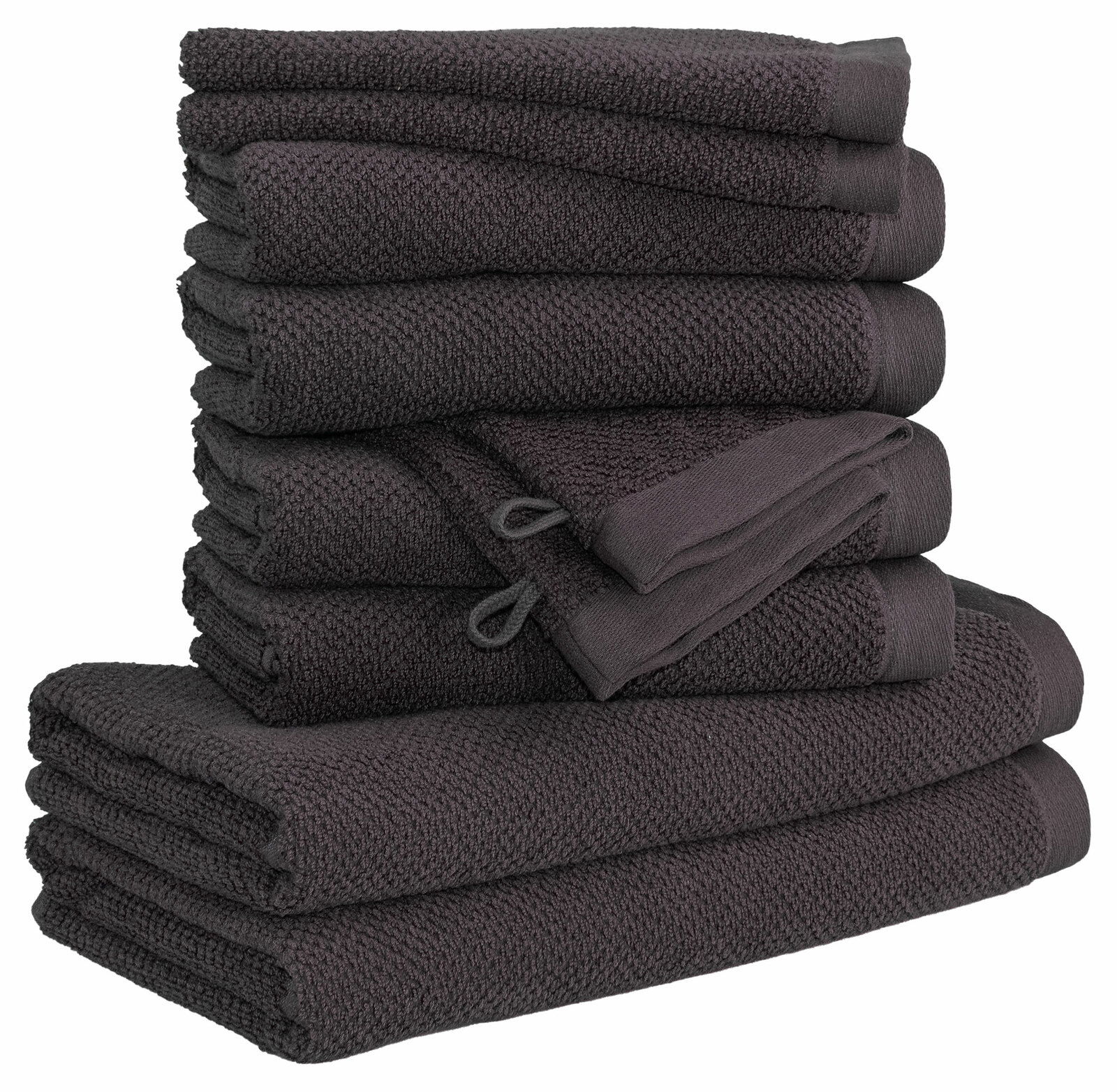 MÖVE Handtuchset 10-tlg. BLISS Stapel von dunkelgrauen Handtüchern, seitliche Perspektive