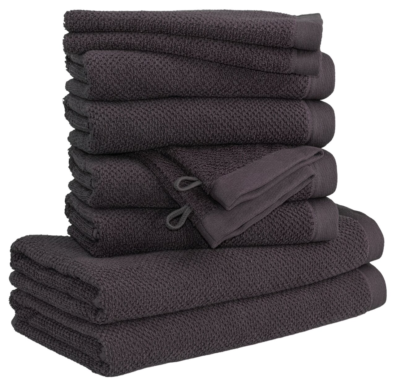 MÖVE Handtuchset 10-tlg. BLISS Stapel von dunkelgrauen Handtüchern, seitliche Perspektive