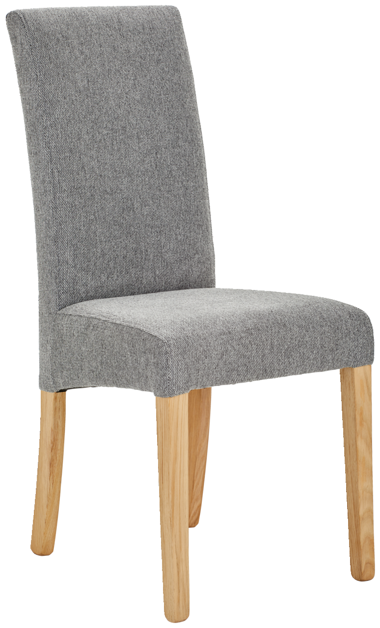 Grauer Stuhl mit Holzbeinen, seitliche Perspektive