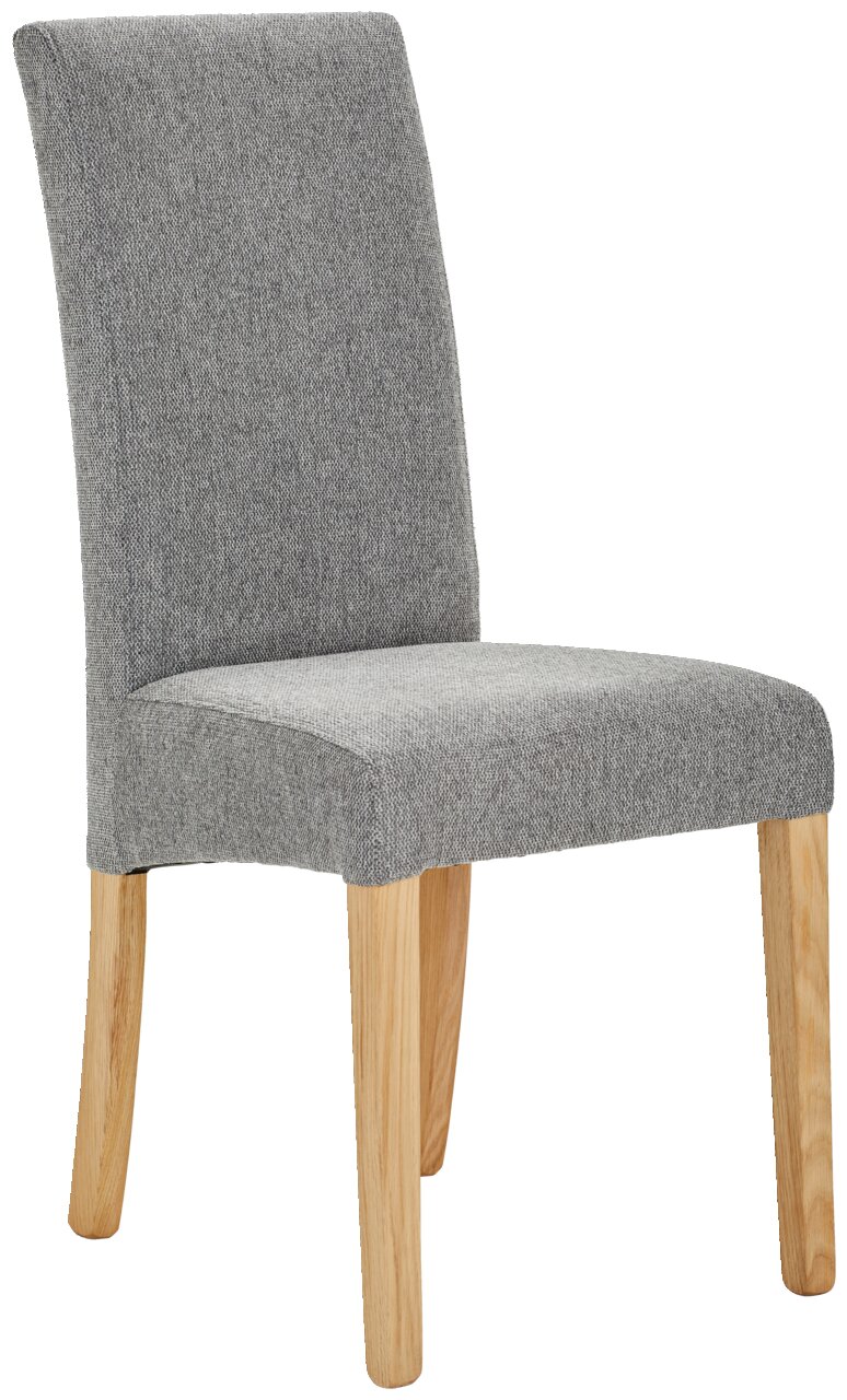 Grauer Stuhl mit Holzbeinen, seitliche Perspektive