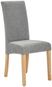 Grauer Stuhl mit Holzbeinen, seitliche Perspektive