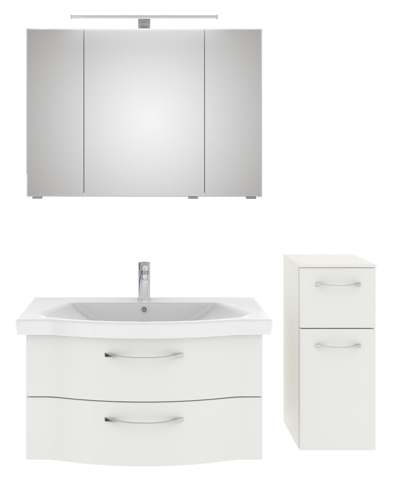 Pelipal Badblock SERIE 6005 SPRINT Badezimmermöbel-Set bestehend aus einem großen Spiegelschrank mit Beleuchtung, einem Waschbeckenunterschrank mit zwei Schubladen und einem hohen, schmalen Schrank mit zwei Schubladen, frontal betrachtet.