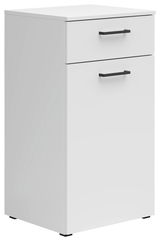 Weiße Kommode mit zwei Schubladen und schwarzen Griffen, seitliche Perspektive