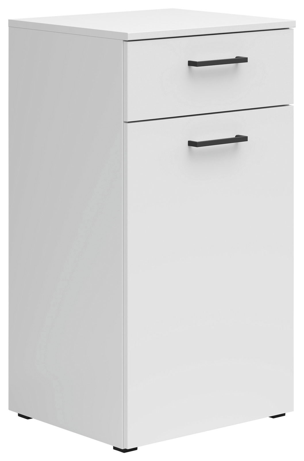 Carryhome Kommode MULTISTAURAUM Weiße Kommode mit zwei Schubladen und schwarzen Griffen, seitliche Perspektive