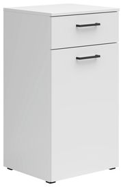 Weiße Kommode mit zwei Schubladen und schwarzen Griffen, seitliche Perspektive