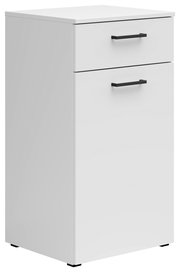Weiße Kommode mit zwei Schubladen und schwarzen Griffen, seitliche Perspektive