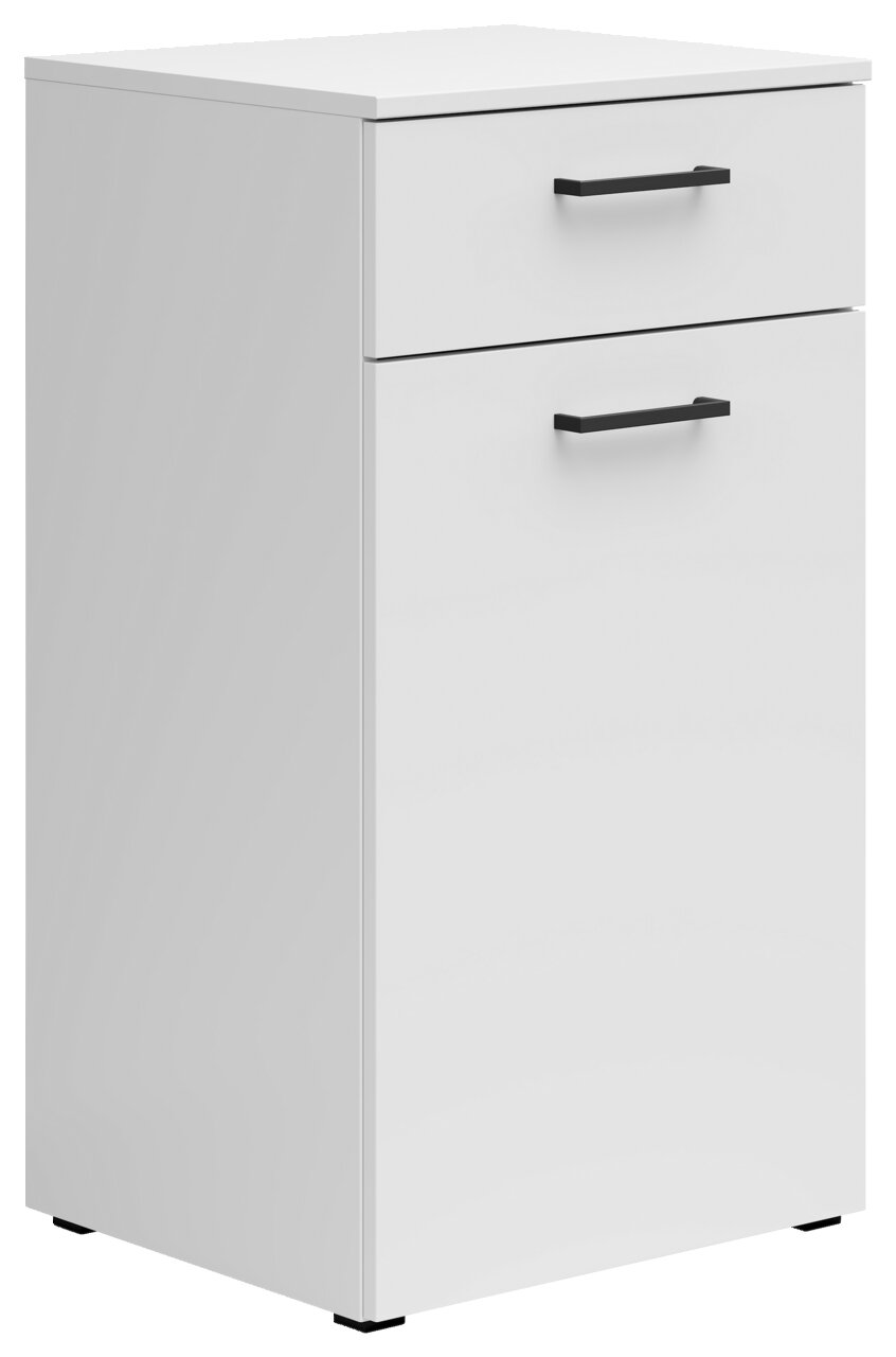 Weiße Kommode mit zwei Schubladen und schwarzen Griffen, seitliche Perspektive