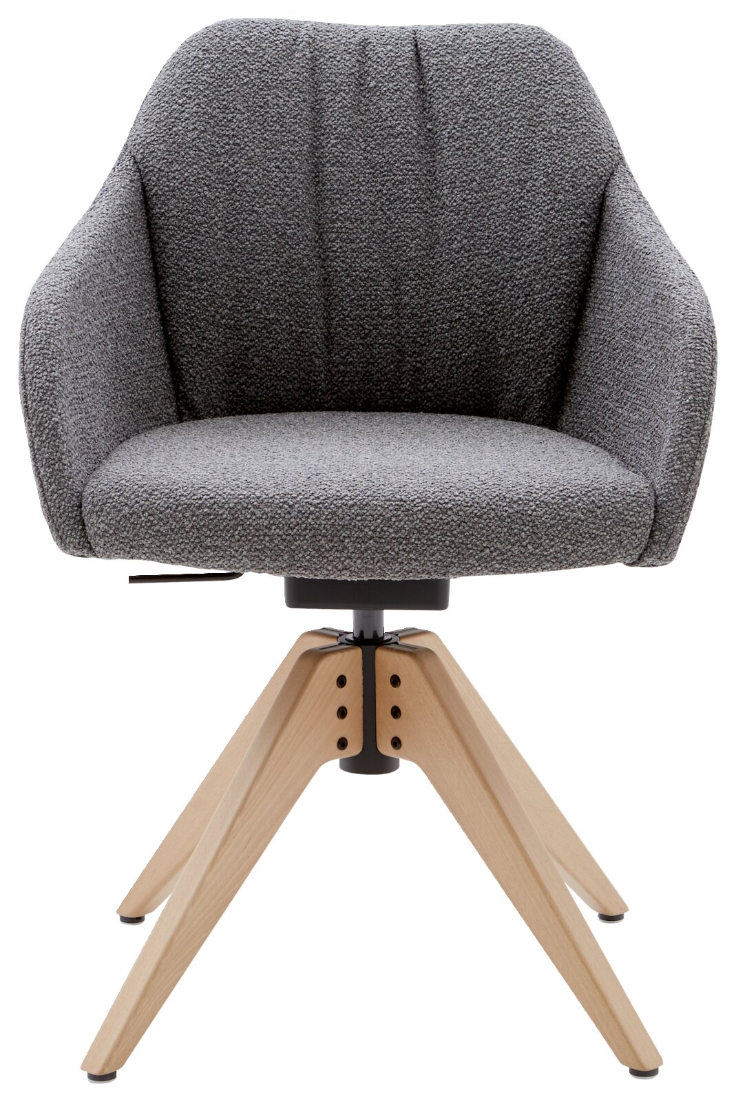 Grijze fauteuil met houten poten, vooraanzicht