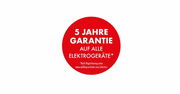 Roter Kreis mit weißem Text, der eine 5-Jahres-Garantie auf alle Elektrogeräte verspricht, mit Hinweis auf Registrierungsperspektive.