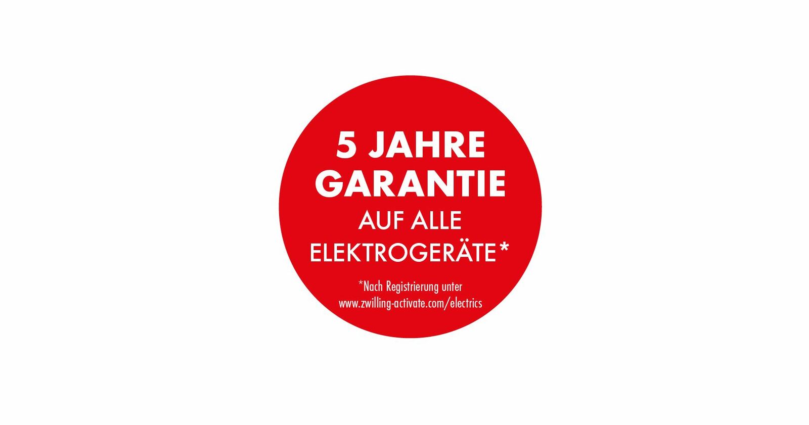 Roter Kreis mit weißem Text, der eine 5-Jahres-Garantie auf alle Elektrogeräte verspricht, mit Hinweis auf Registrierungsperspektive.