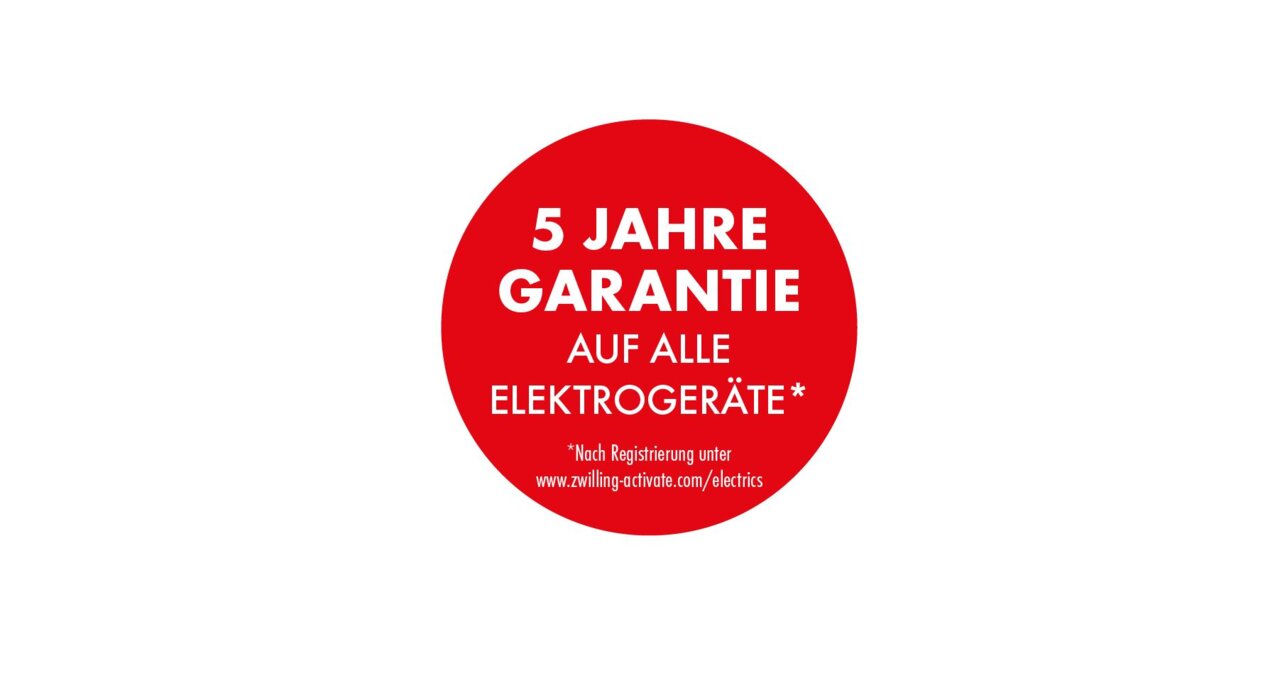 Roter Kreis mit weißem Text, der eine 5-Jahres-Garantie auf alle Elektrogeräte verspricht, mit Hinweis auf Registrierungsperspektive.