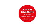 Roter Kreis mit weißem Text, der eine 5-Jahres-Garantie auf alle Elektrogeräte verspricht, mit Hinweis auf Registrierungsperspektive.