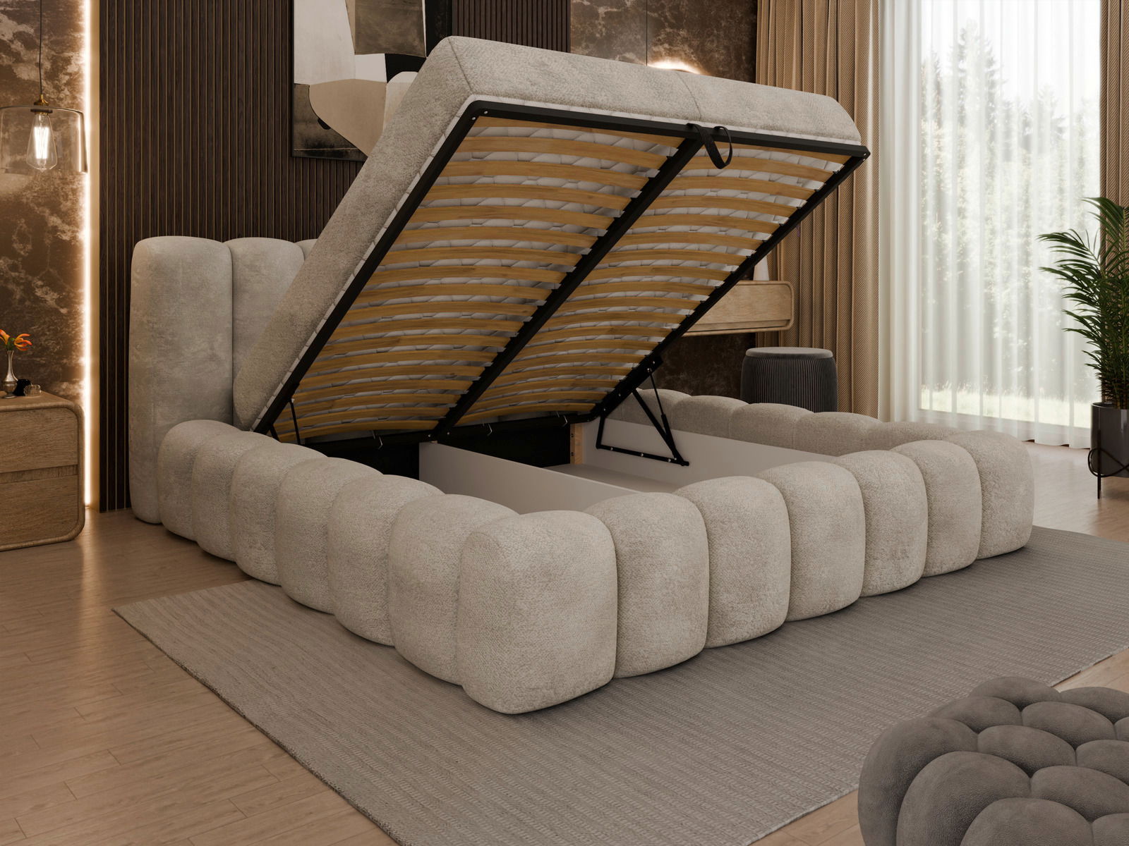 Polsterbett mit hochgeklappter Matratze, seitliche Perspektive, modernes Design, beige Farbe, Stauraum sichtbar