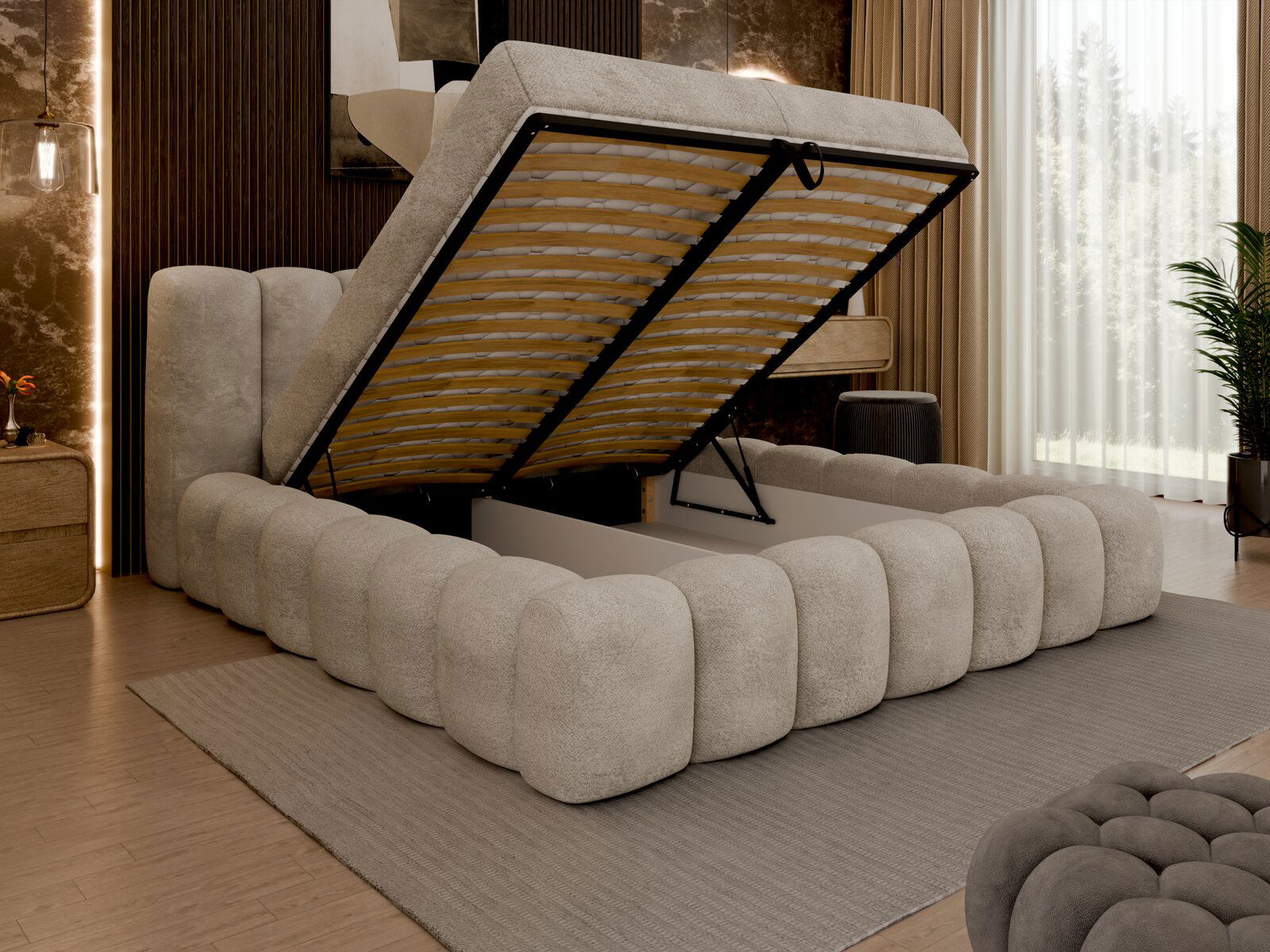 Polsterbett mit hochgeklappter Matratze, seitliche Perspektive, modernes Design, beige Farbe, Stauraum sichtbar