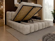 Polsterbett mit hochgeklappter Matratze, seitliche Perspektive, modernes Design, beige Farbe, Stauraum sichtbar