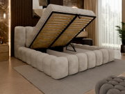 Polsterbett mit hochgeklappter Matratze, seitliche Perspektive, modernes Design, beige Farbe, Stauraum sichtbar