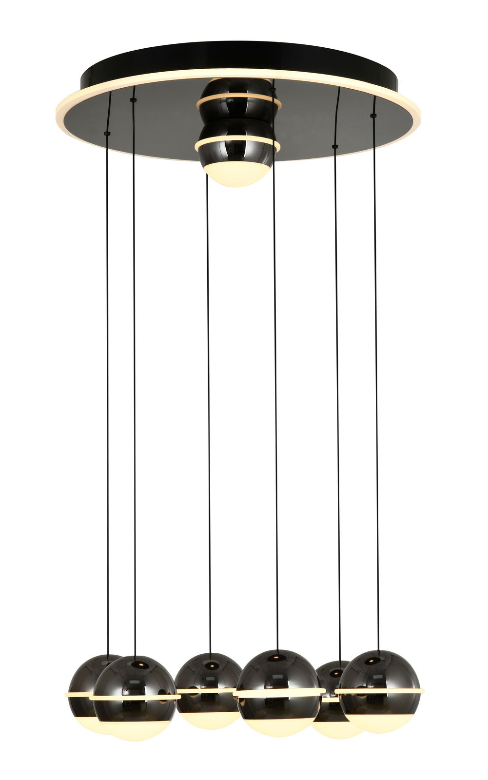 Moderne LED-Pendelleuchte mit fünf kugelförmigen Lampenschirmen, hängend von einer runden Deckenplatte, seitliche Perspektive