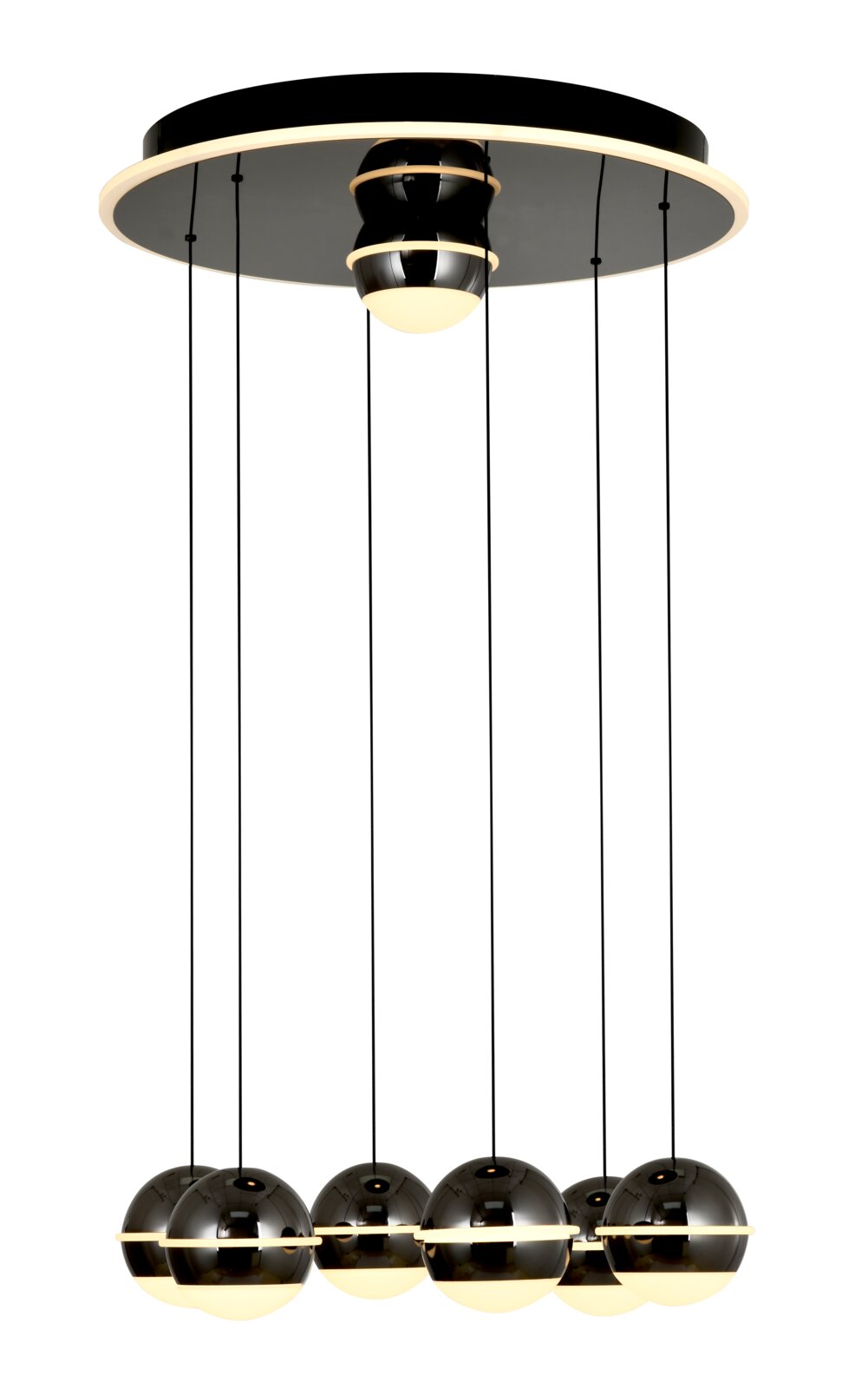 Moderne LED-hanglamp met vijf bolvormige lampenkappen, hangend aan een ronde plafondplaat, zijaanzicht