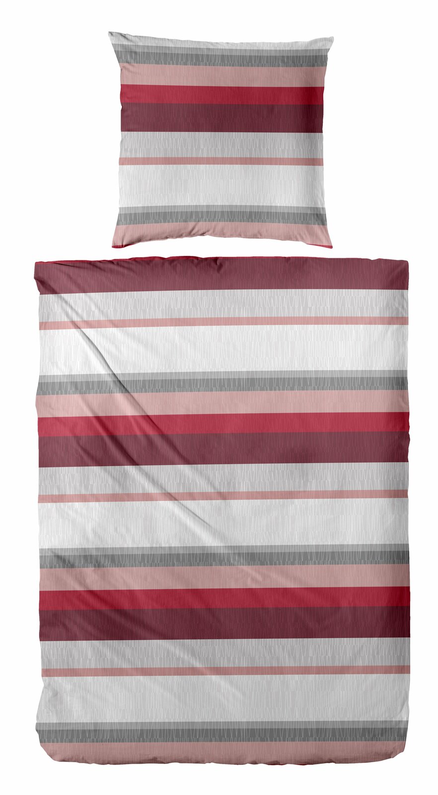 Bettwäsche-Set mit Streifenmuster in Rot- und Grautönen, Draufsicht