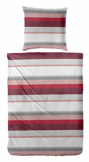 Bettwäsche-Set mit Streifenmuster in Rot- und Grautönen, Draufsicht