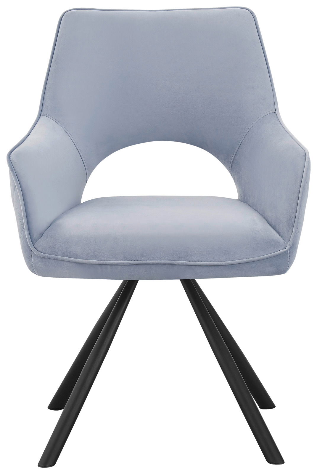 Moderner Armlehnstuhl in hellblauem Stoff mit schwarzem Metallgestell, Frontalansicht