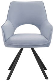 Moderner Armlehnstuhl in hellblauem Stoff mit schwarzem Metallgestell, Frontalansicht